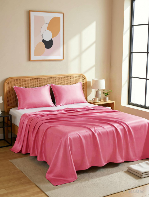 SANMARINO Satin King Flat 300 TC Solid 1 Bedsheet(Pink)
