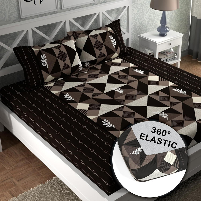 SHOPHOX Cotton Double, King Fitted (Elastic) 210 TC Printed 1 Bedsheet with 2 Pillow Covers(Black, Grey)