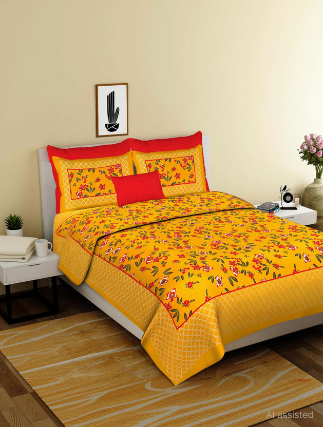 Cosito Cotton Double Flat 144 TC Printed 1 Bedsheet with 2 Pillow Covers(Dark Yellow)