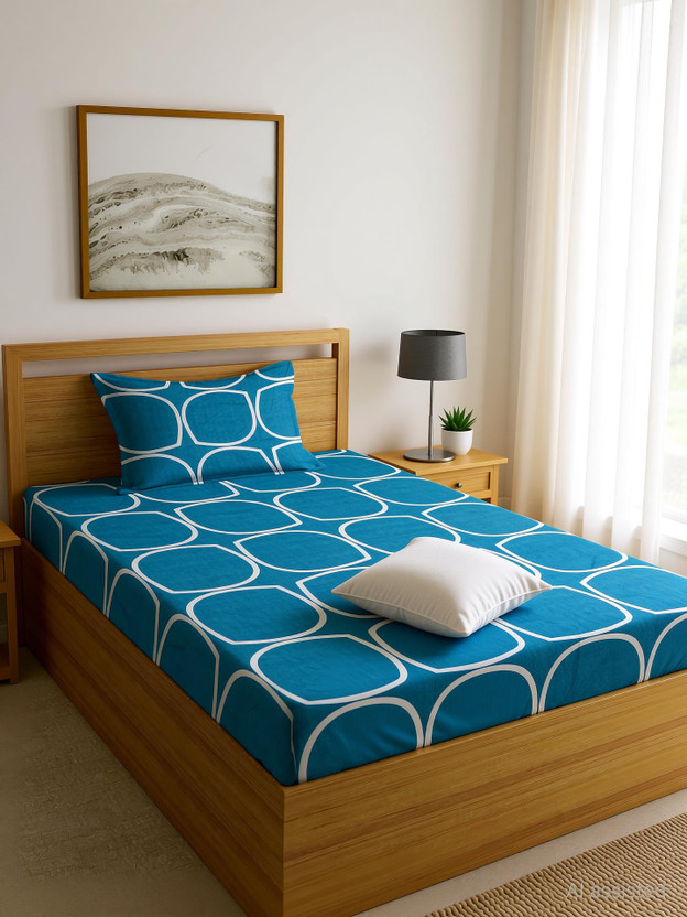 Moonroof Cotton Single Fitted (Elastic) 240 TC Printed 1 Bedsheet with 2 Pillow Covers(Blue, White_Circle)