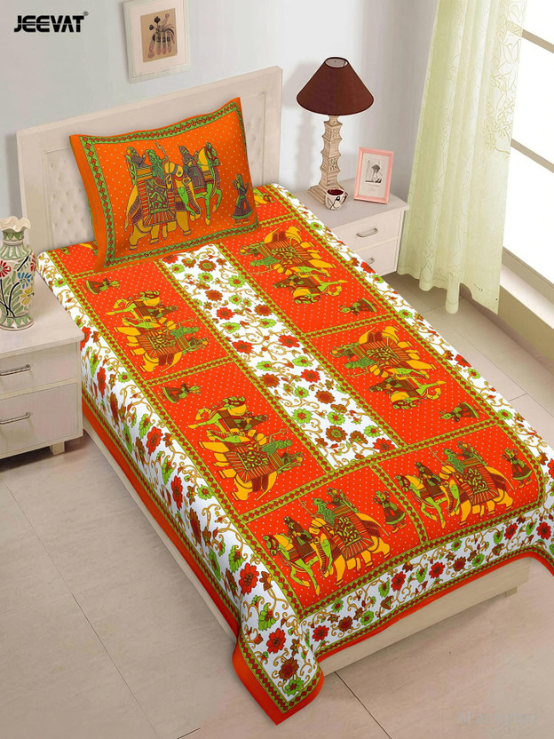 Jeevat Cotton Single Flat 144 TC Jaipuri Prints 1 Bedsheet with 2 Pillow Covers(Orange)