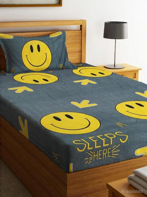 Fashion String Microfiber Single Flat 144 TC Printed 1 Bedsheet with 2 Pillow Covers(Grey, Yellow)