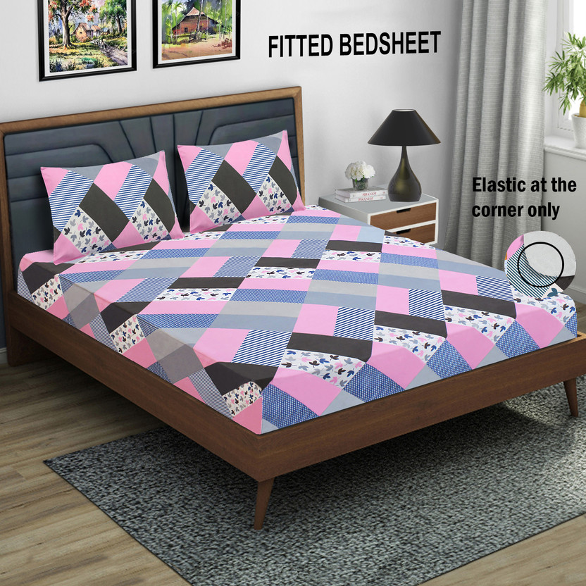Flipkart SmartBuy Microfiber Double Fitted (Elastic) 144 TC Abstract 1 Bedsheet with 2 Pillow Covers(Multicolor1)