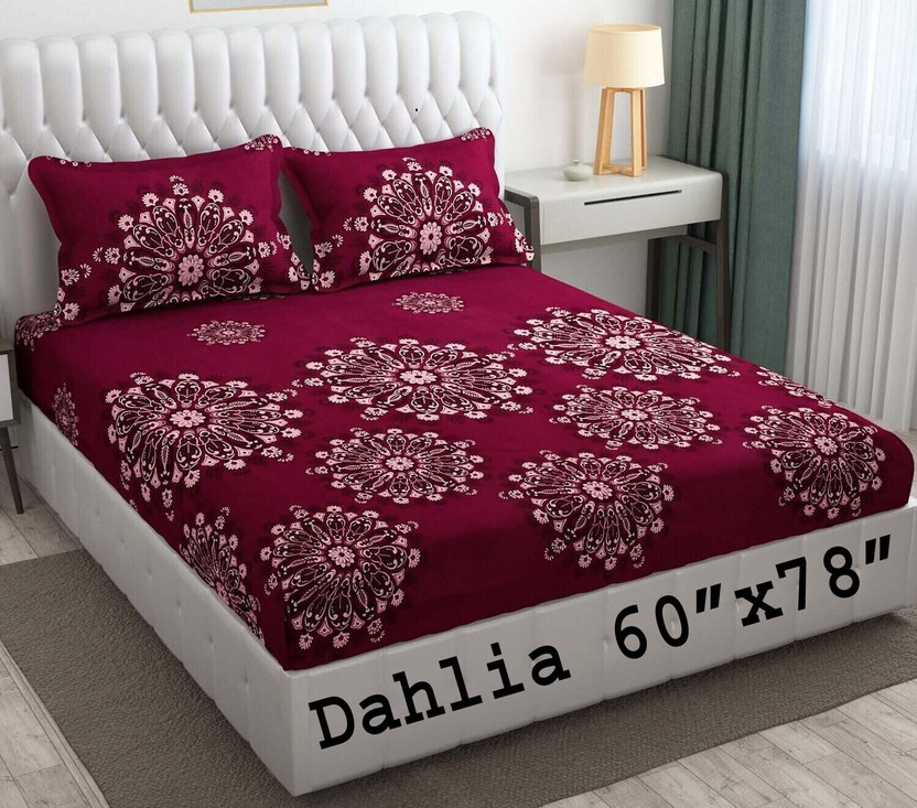 Dahlia Polycotton Queen Fitted (Elastic) 200 TC Printed 1 Bedsheet with 2 Pillow Covers(Wine 3)
