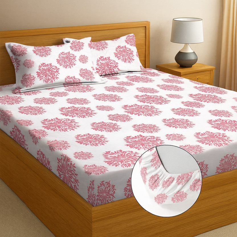 YaAkholic Microfiber Double Fitted (Elastic) 242 TC Printed 1 Bedsheet with 2 Pillow Covers(Multicolor)