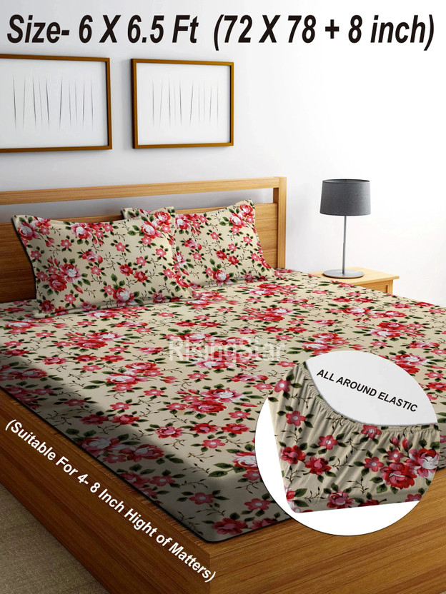 RisingStar Cotton King Fitted (Elastic) 250 TC Floral 1 Bedsheet with 2 Pillow Covers(FITTED_Multi Floral)