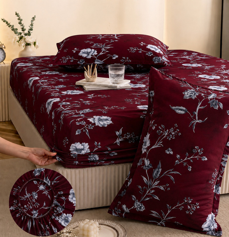 YaAkholic Cotton King Fitted (Elastic) 242 TC Printed 1 Summer Bedsheet with 2 Pillow Covers(Red, White)