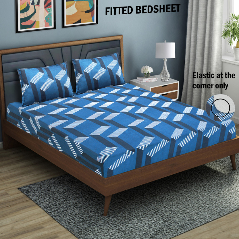 Good Homes Microfiber Double Fitted (Elastic) 144 TC Abstract 1 Bedsheet with 2 Pillow Covers(Dark Blue, White)