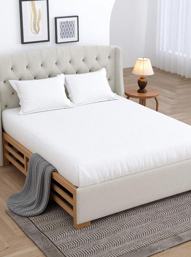 LINENWALAS LINENWALAS Cotton Single Fitted (Elastic) 210 TC Striped 1 Bedsheet(White) - Flipkart Deal