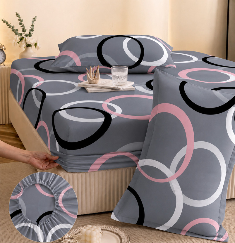 YaAkholic Cotton King Fitted (Elastic) 242 TC Printed 1 Summer Bedsheet with 2 Pillow Covers(Grey)
