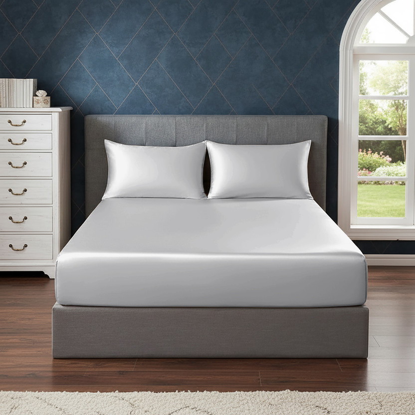 pure eco Silk Double Fitted (Elastic) 400 TC Solid 1 Bedsheet with 2 Pillow Covers(Silver Grey)