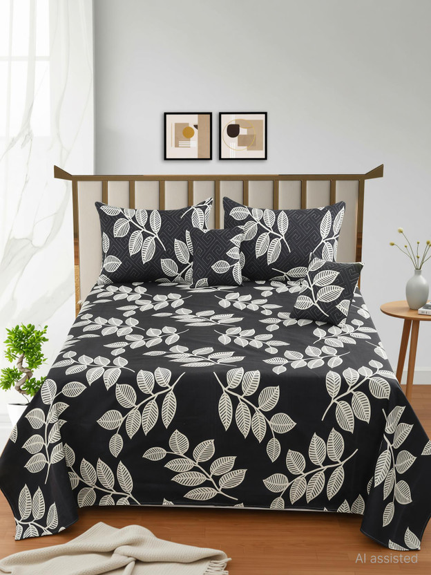 CLOVIS CLOVIS KRAFTS Cotton Queen Flat 300 TC Floral 1 Bedsheet with 2 Pillow Covers, 2 Cushion Covers(WHITE BLACK PATTA) - Flipkart Deal
