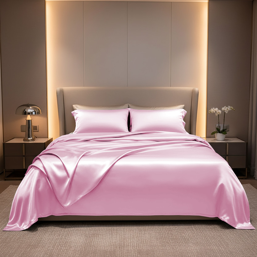 Deborah Textile Silk Queen Flat 400 TC Solid 1 Bedsheet with 2 Pillow Covers(Baby Pink)