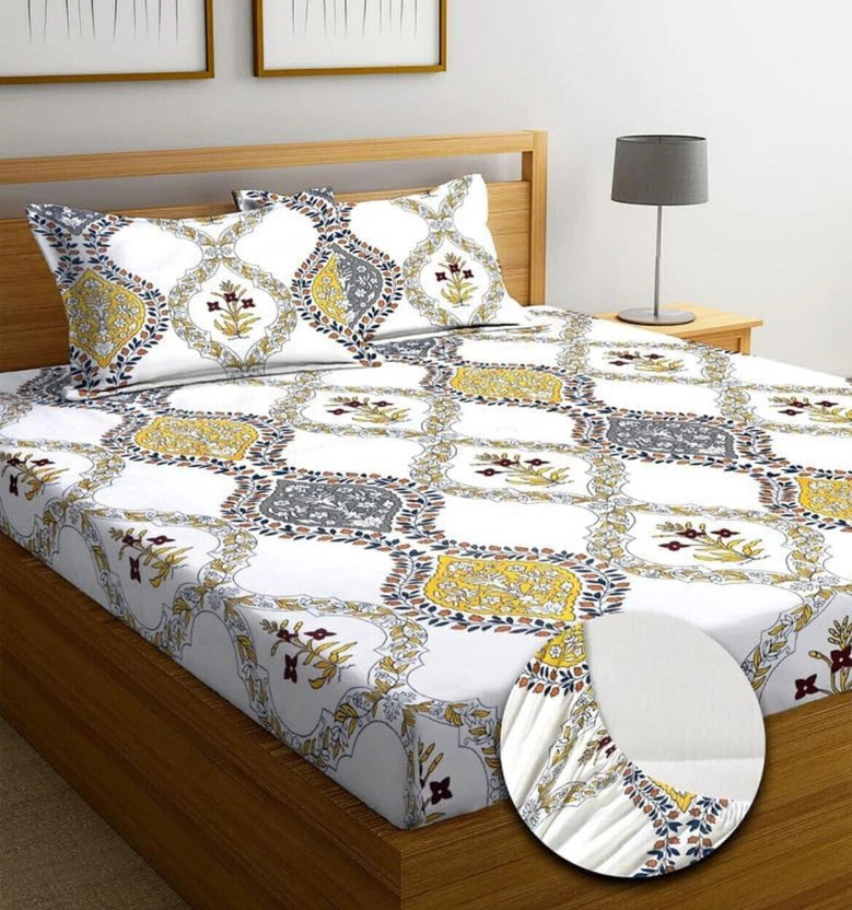Rumps Cotton, Microfiber King Fitted (Elastic) 350 TC Striped 1 Bedsheet with 2 Pillow Covers(Multicolor, GREEN , WHITE)