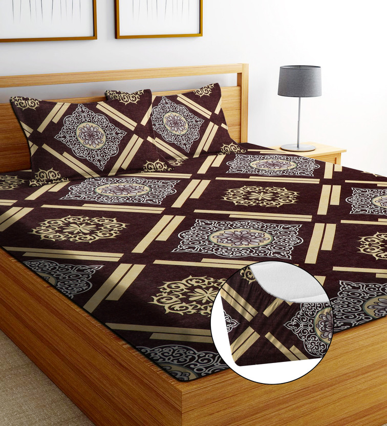 EXFAB Cotton King Fitted (Elastic) 240 TC Printed 1 Bedsheet with 2 Pillow Covers(Normal)
