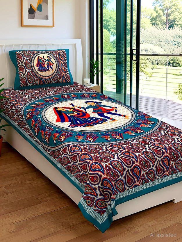 Leo Creation Cotton Single Flat 144 TC Jaipuri Prints 1 Bedsheet with 2 Pillow Covers(Green, Orange, Black, Blue, Beige)