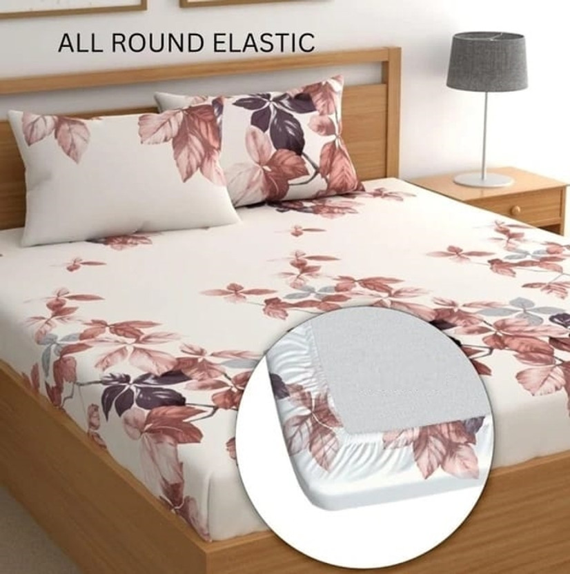 kajims Cotton Queen Fitted (Elastic) 320 TC Printed 1 Bedsheet with 2 Pillow Covers(Cream)