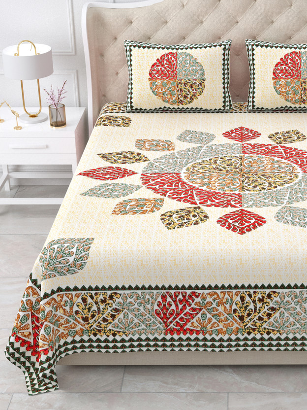 KUVAS Cotton King Flat 260 TC Printed 1 Bedsheet with 2 Pillow Covers(Orange)