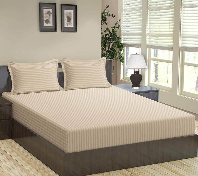Cool Dealzz Cotton Double Flat 210 TC Striped 1 Bedsheet with 2 Pillow Covers(Beige)