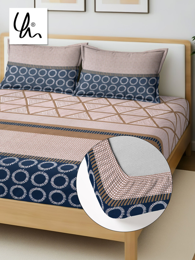 YaAkholic Microfiber Double Fitted (Elastic) 242 TC Printed 1 Bedsheet with 2 Pillow Covers(Multicolor, Brown, Blue)