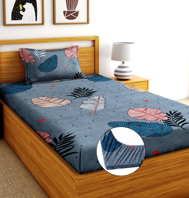 Moonroof Cotton Single Fitted (Elastic) 240 TC Printed 1 Bedsheet with 2 Pillow Covers(Grey, Pink, Blue)