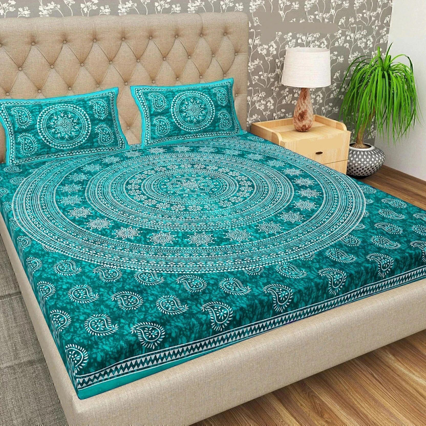 BharatLinen Cotton King Flat 144 TC Jaipuri Prints 1 Summer Bedsheet with 2 Pillow Covers(Sea Green)