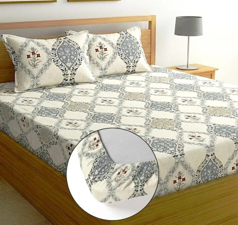 LA MANTTA Cotton Blend King Fitted (Elastic) 250 TC Printed 1 Bedsheet(WHITEGREY)