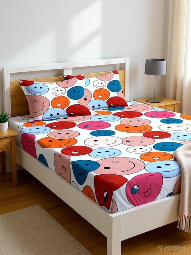 ARDM Cotton Double Fitted (Elastic) 204 TC Cartoon 1 Bedsheet with 2 Pillow Covers(Multicolor)
