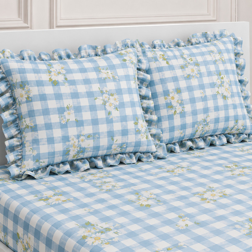 Fashancy Cotton King Fitted (Elastic) 300 TC Floral 1 Summer Bedsheet with 2 Pillow Covers(Blue)