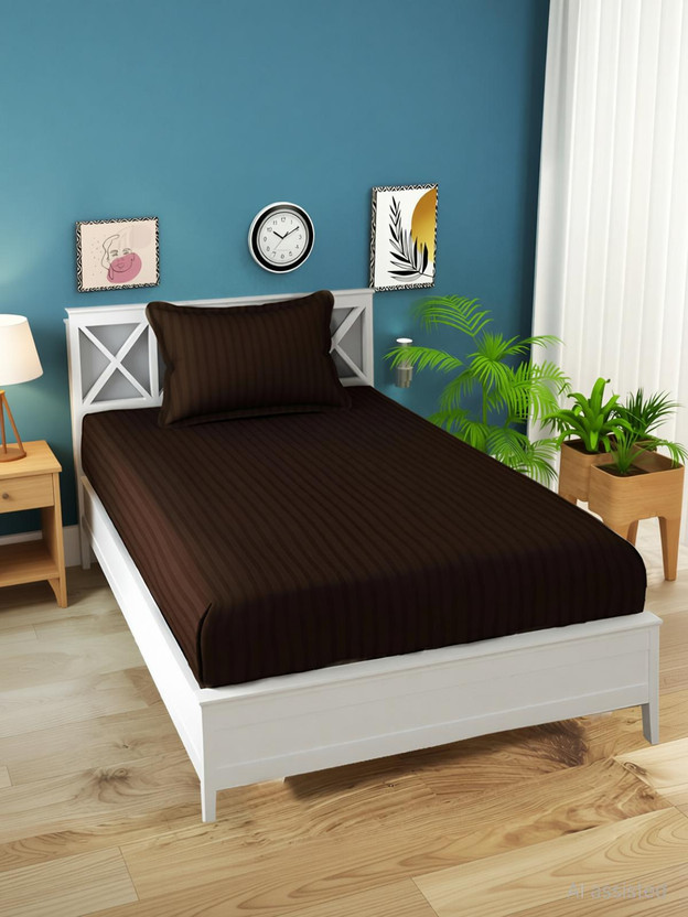 Home Stylish Polycotton Single Flat 240 TC Striped 1 Bedsheet with 2 Pillow Covers(coffee)