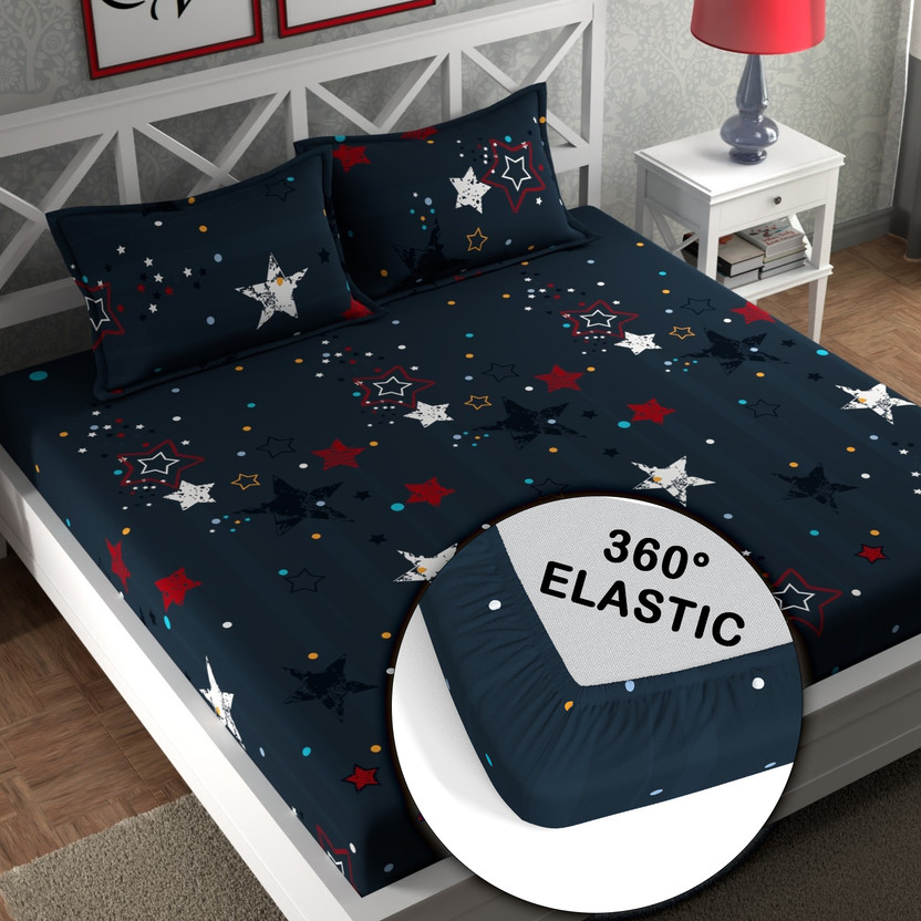 CG Homes Cotton Double Fitted (Elastic) 180 TC Printed 1 Bedsheet with 2 Pillow Covers(Navy Blue)