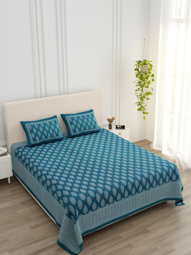 Namokar Cotton Super King Flat 144 TC Printed 1 Bedsheet with 2 Pillow Covers(Blue)