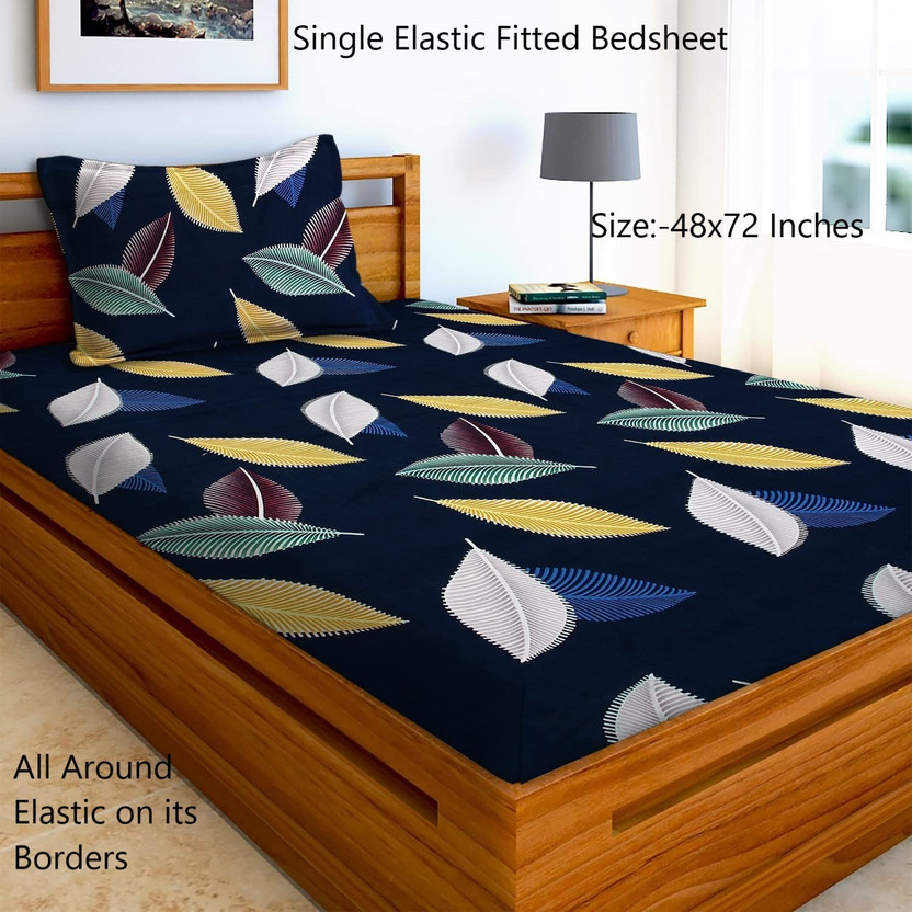 Amrange Microfiber Single Fitted (Elastic) 190 TC 3D Printed 1 Bedsheet with 2 Pillow Covers(Multicolor)