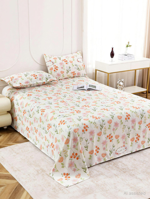 Flipkart Story@home Cotton Double Flat 160 TC Printed 1 Bedsheet with 2 Pillow Covers(White & Multicolor) - Flipkart Deal