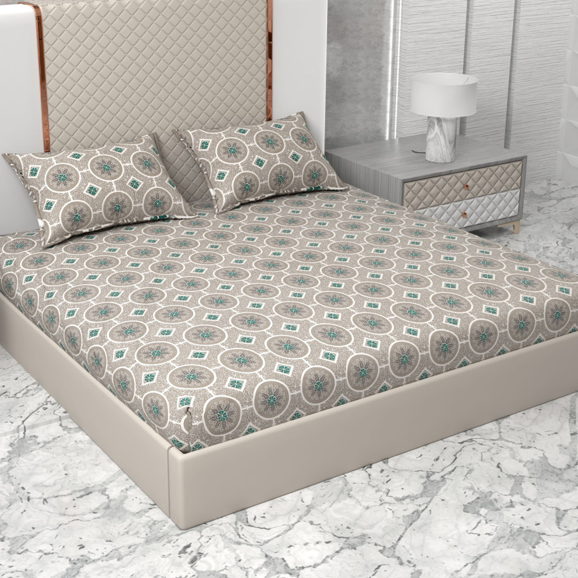 Star Weaves Cotton King Fitted (Elastic) 310 TC Printed 1 Bedsheet with 2 Pillow Covers(Grey King Size Elastic Fitted Bedsheet (72X78 Inch))