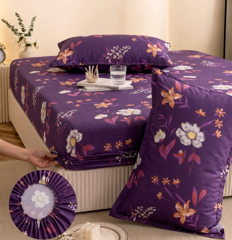 YaAkholic Cotton King Fitted (Elastic) 242 TC Printed 1 Summer Bedsheet with 2 Pillow Covers(Multicolor)