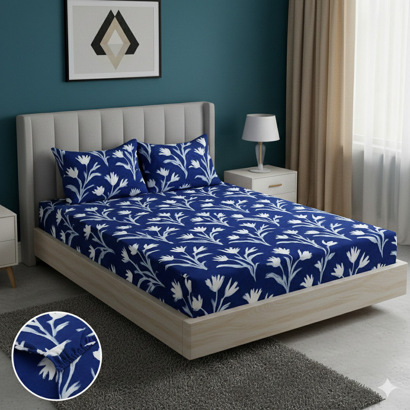 YaAkholic Microfiber Double Fitted (Elastic) 242 TC Printed 1 Bedsheet(Navy Floral)