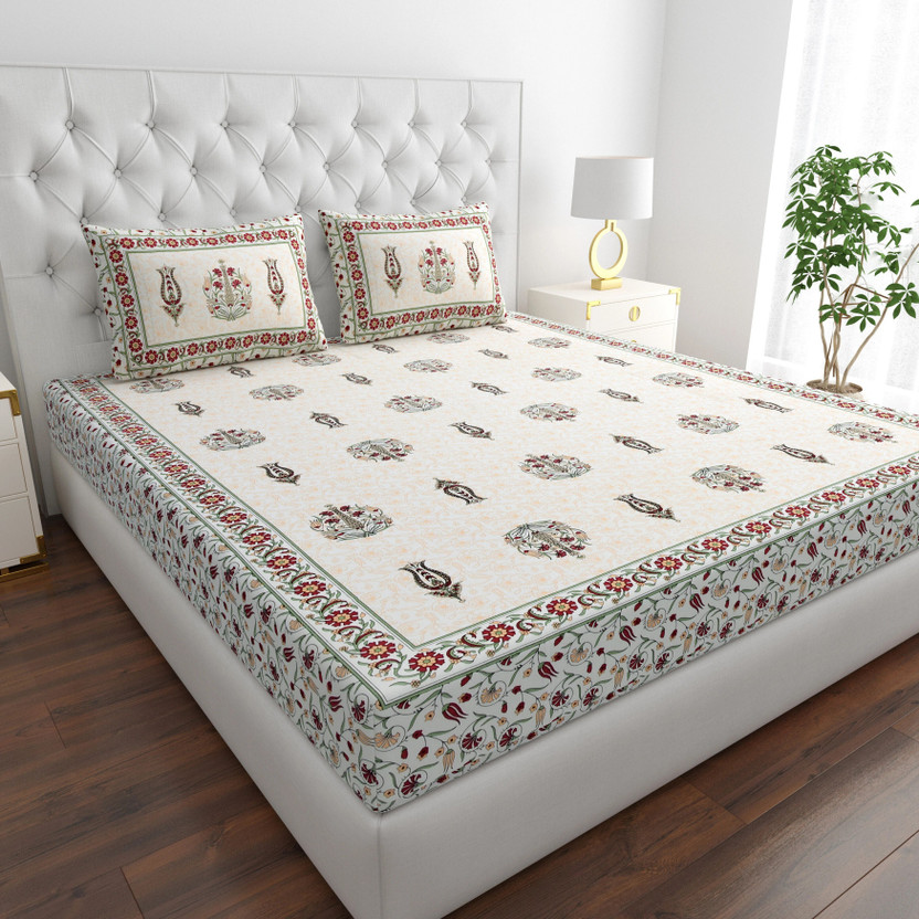 COZYKO Cotton King Flat 200 TC Jaipuri Prints 1 Bedsheet with 2 Pillow Covers(Red Olive Boota)