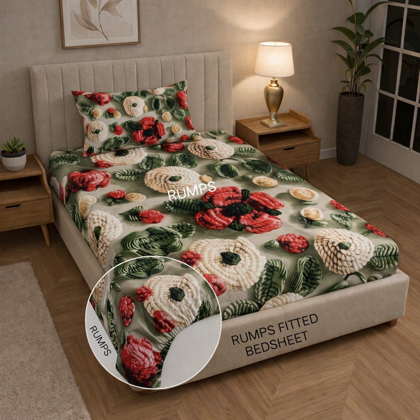 Rumps Cotton Single Fitted (Elastic) 350 TC Printed 1 Bedsheet(7d green)
