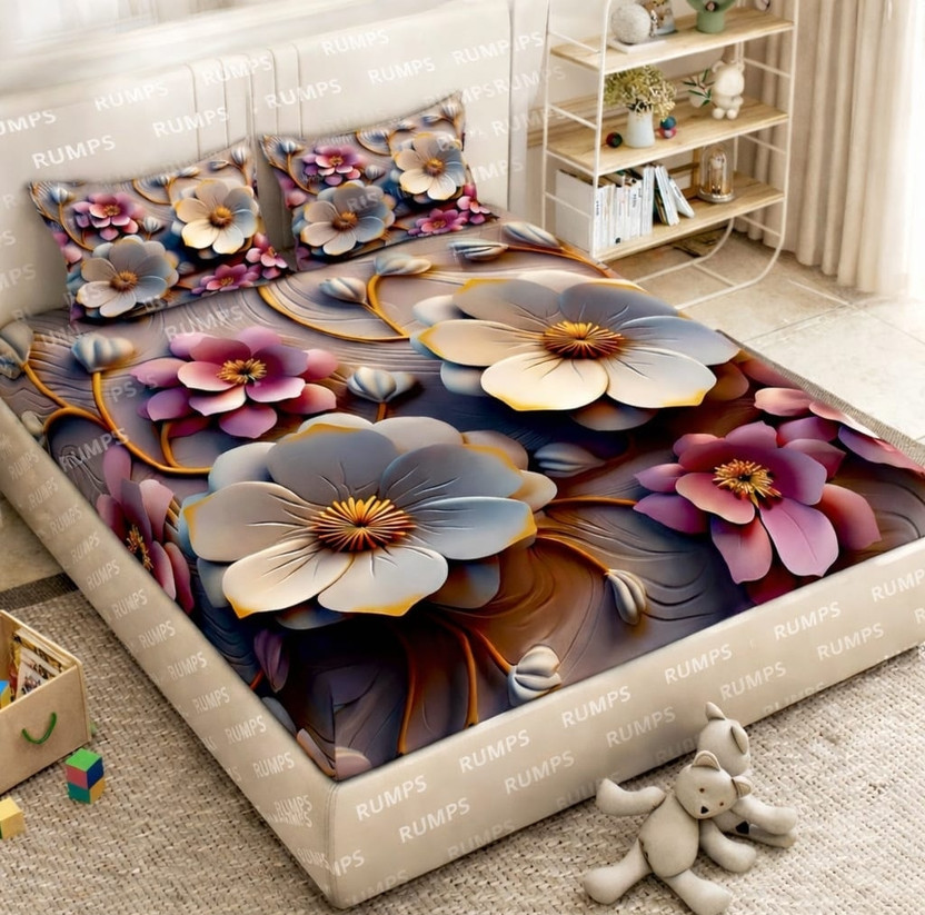 Rumps Cotton Double Flat 450 TC 7D Digital 1 Bedsheet with 2 Pillow Covers(Multicolor03, 7D Digital FLOWER)