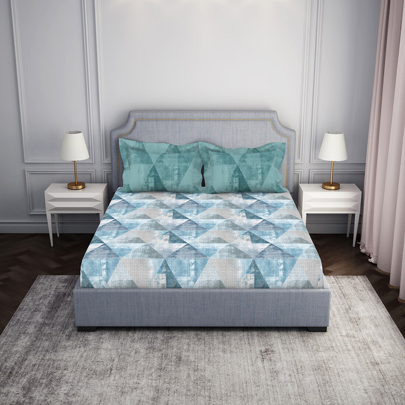 SPACES Cotton King Fitted (Elastic) 144 TC Paisley 1 Bedsheet with 2 Pillow Covers(Dark Grey)