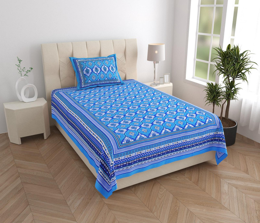 LivSpacey Cotton Single Flat 180 TC Printed 1 Summer Bedsheet with 2 Pillow Covers, 2 Cushion Covers(Blue)