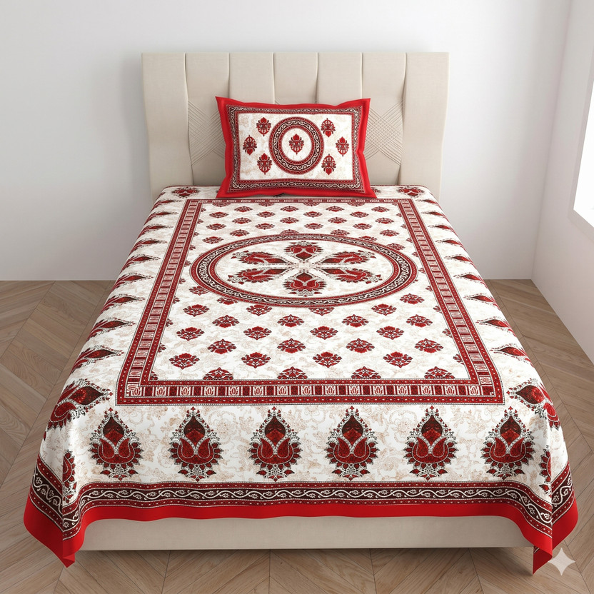 LivSpacey Cotton Single Flat 180 TC Printed 1 Summer Bedsheet with 2 Pillow Covers, 2 Cushion Covers(Multicolor)