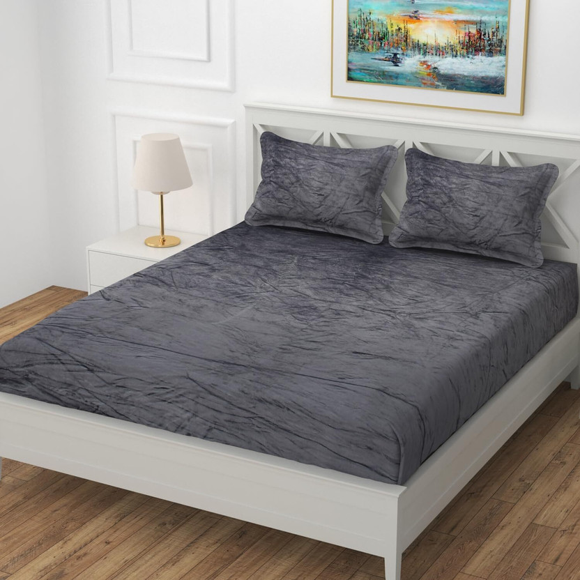 COZY QUEEN Velvet King Fitted (Elastic) 380 TC Solid 1 Bedsheet with 2 Pillow Covers(Solid Grey)