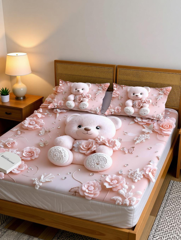 VIRAAJ TEXTILE Cotton Blend King Fitted (Elastic) 300 TC Printed 1 Bedsheet(7D Bear)
