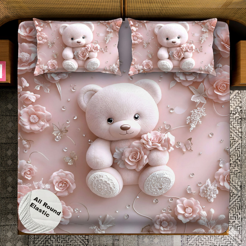 VIRAAJ TEXTILE Cotton Blend King Fitted (Elastic) 300 TC 7D Digital 1 Bedsheet(7D Bear)