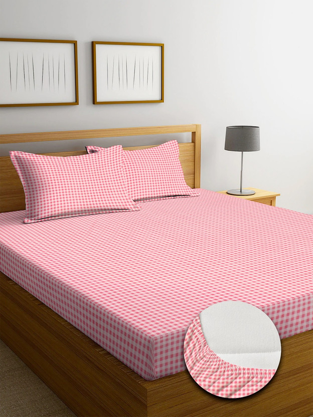 DWORTH Cotton King Fitted (Elastic) 180 TC Checkered 1 Bedsheet with 2 Pillow Covers(Pink)