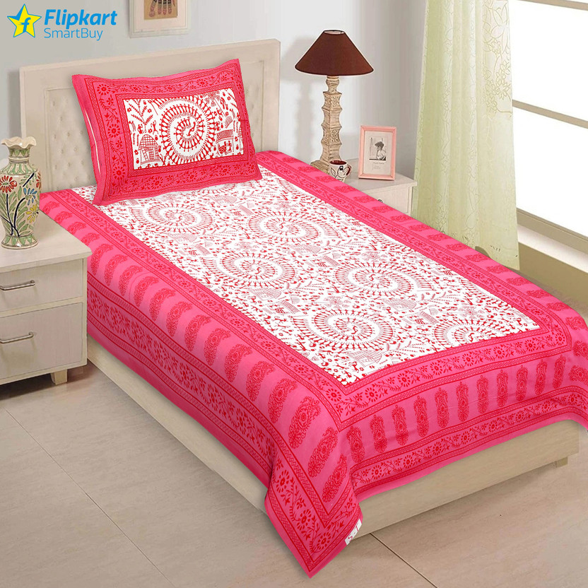 Flipkart SmartBuy Cotton Single Flat 180 TC Jaipuri Prints 1 Bedsheet with 2 Pillow Covers(Pink)