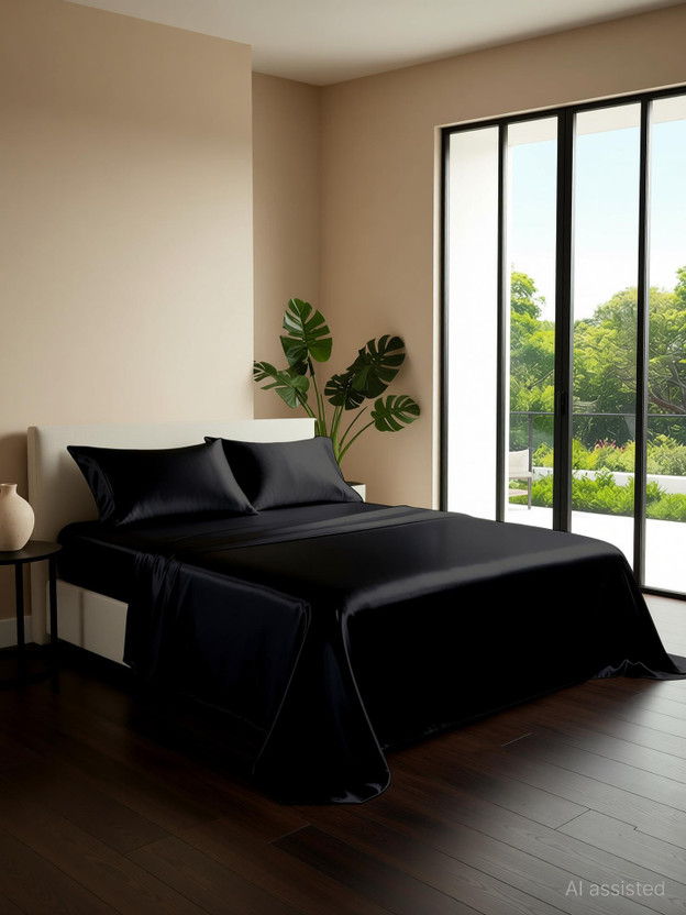 YRM Silk Single Flat 400 TC Solid 1 Bedsheet with 2 Pillow Covers(Black)