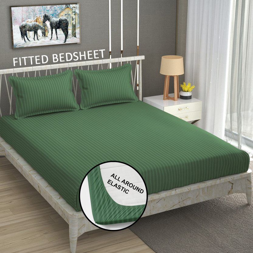 Homefab India Cotton King Fitted (Elastic) 140 TC Striped 1 Bedsheet with 2 Pillow Covers(Dark Green)